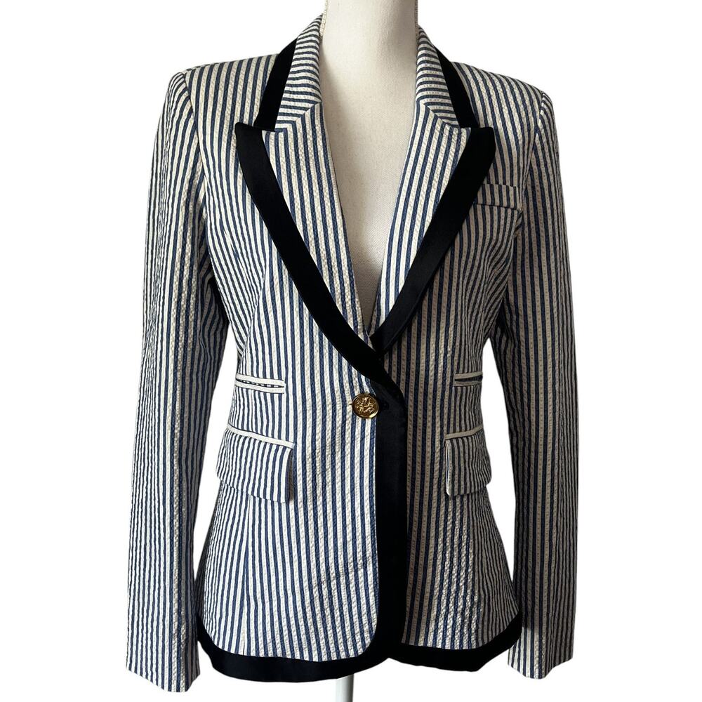 Smythe Taped Peak Lapel Seersucker Blazer Blue White Striped Size 10